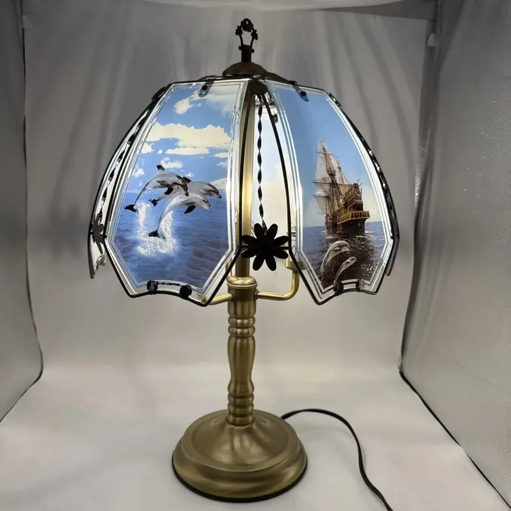 Vintage Y2K OK Lighting Touch Lamp, Marine Dolphins Shade, Gold Metal base